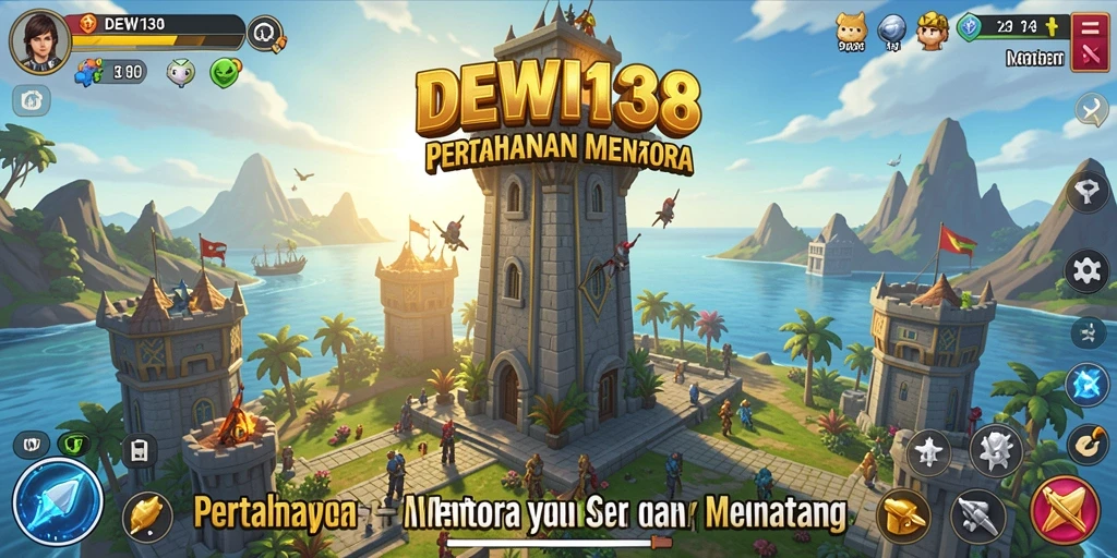 Screenshot gameplay DEWI138 yang menunjukkan menara pertahanan yang kuat.