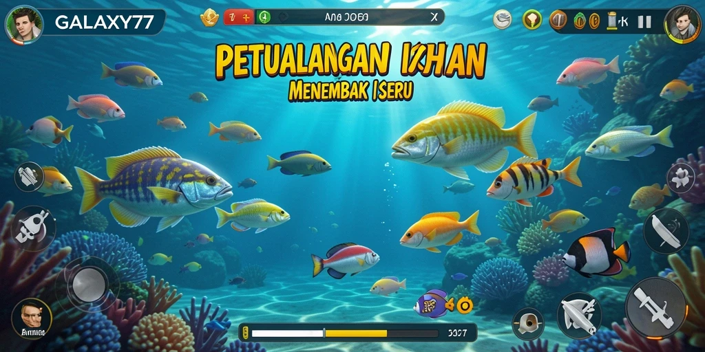 Tampilan gameplay GALAXY77 dengan grafis menawan saat menembak ikan.
