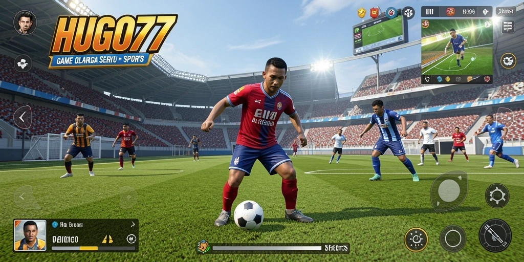 Tampilan gameplay menegangkan dalam HUGO77 yang penuh aksi olahraga.